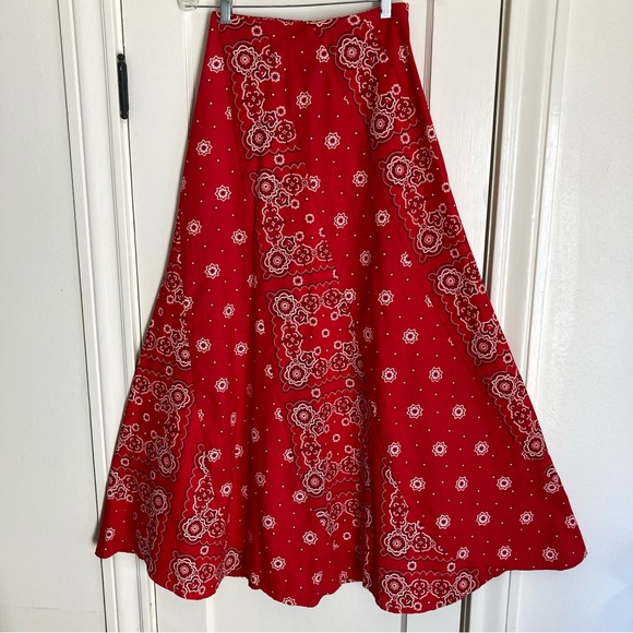 Vintage Cotton Canvas Patchwork Red Paisley Bandana Maxi Skirt - Picture 11 of 17
